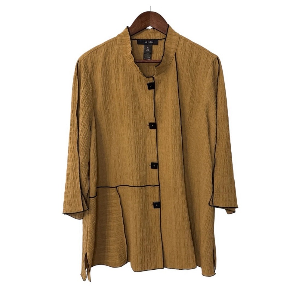 Ali Miles button up tunic top women's XL tan textured crepe artsy boho lagenlook